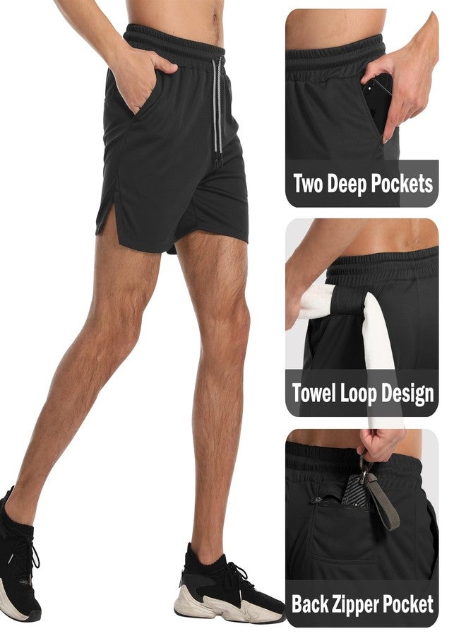 Aolesy Men's Gym Workout Shorts 5 Inch Lightweight Bodybuilding Athletic Shorts Running Training with Zipper Pockets & Towel Loop Black - Image 4